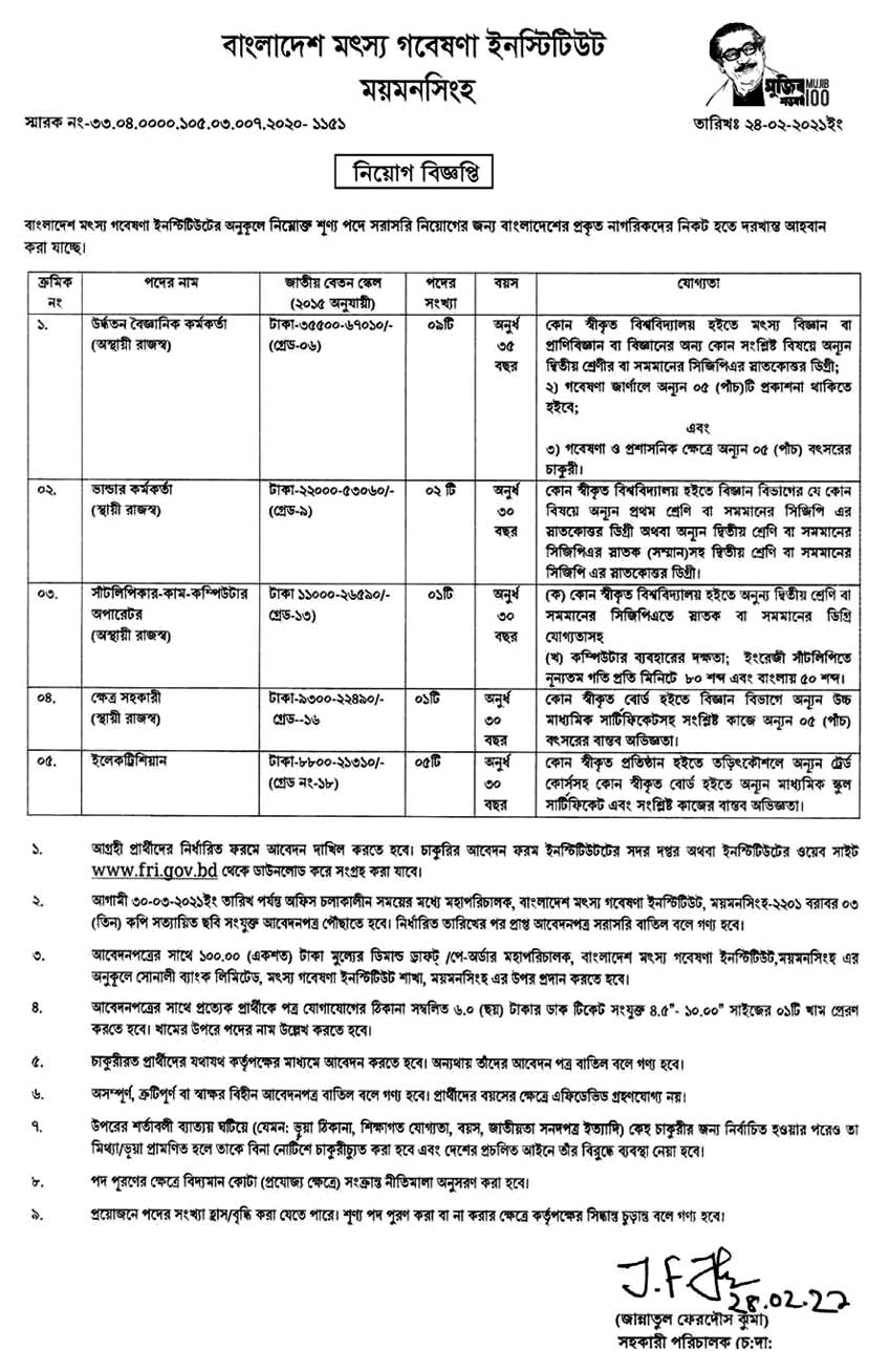 Bangladesh Fisheries Research Institute Job Circular