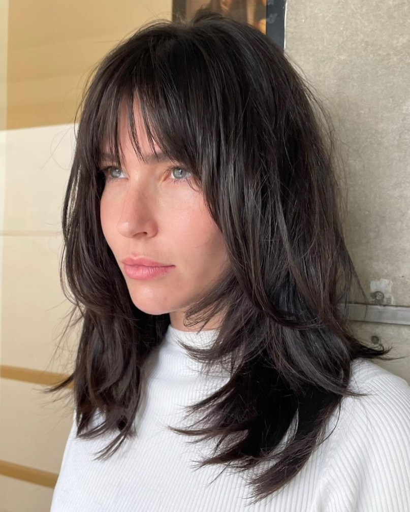 Picture of a lady rocking the  Medium Layered Hair and Wispy Bangs