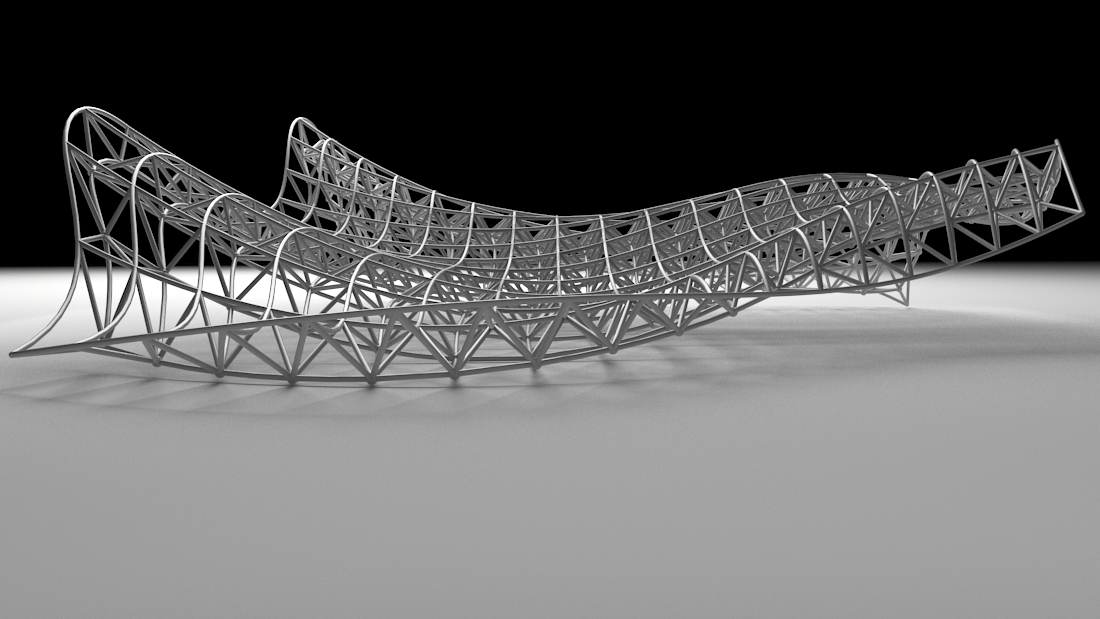 A 3D model of a white, latticework structure with a curvy design. 
