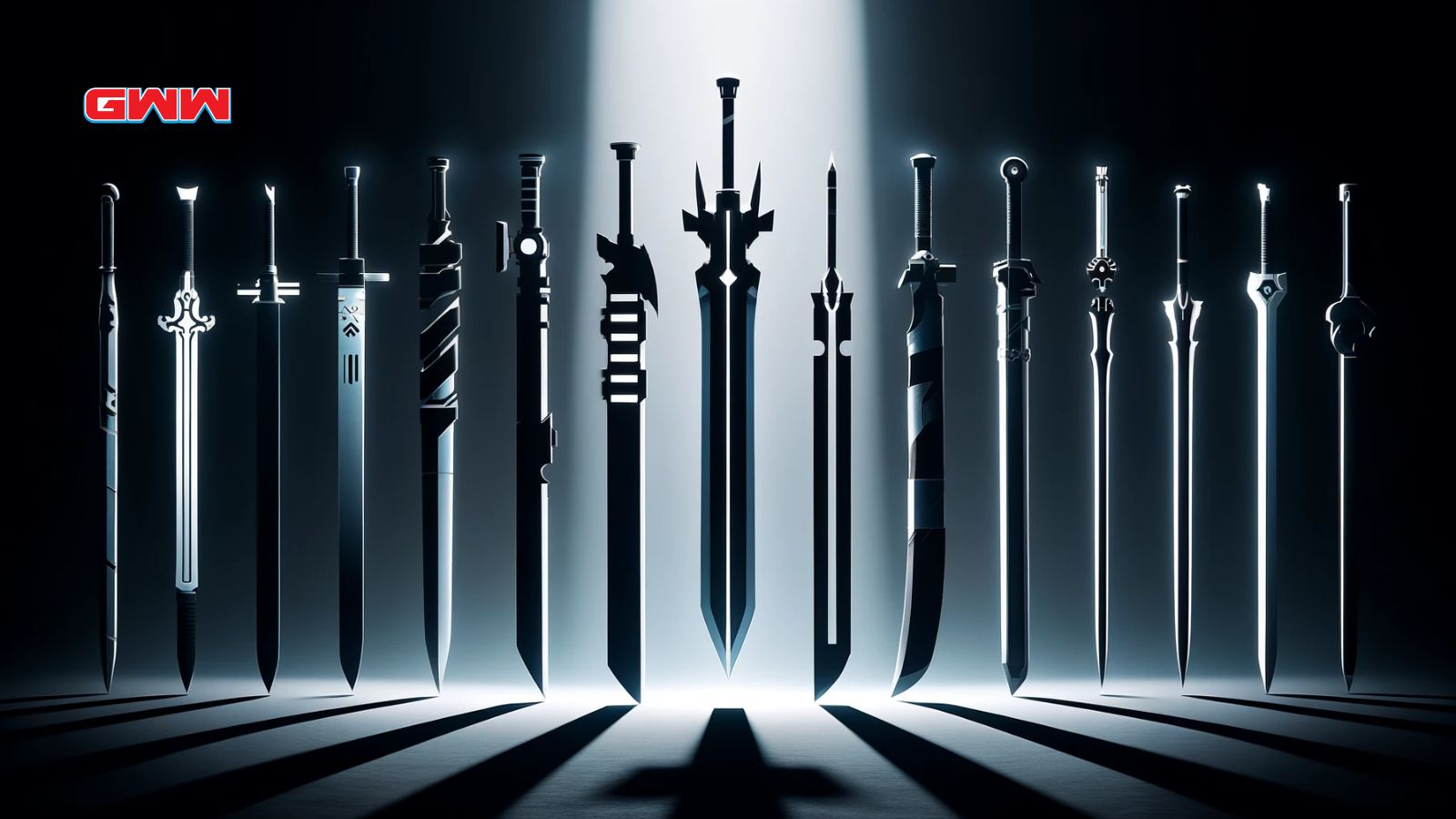 Alineación de espadas de anime resaltada con iluminación dramática.