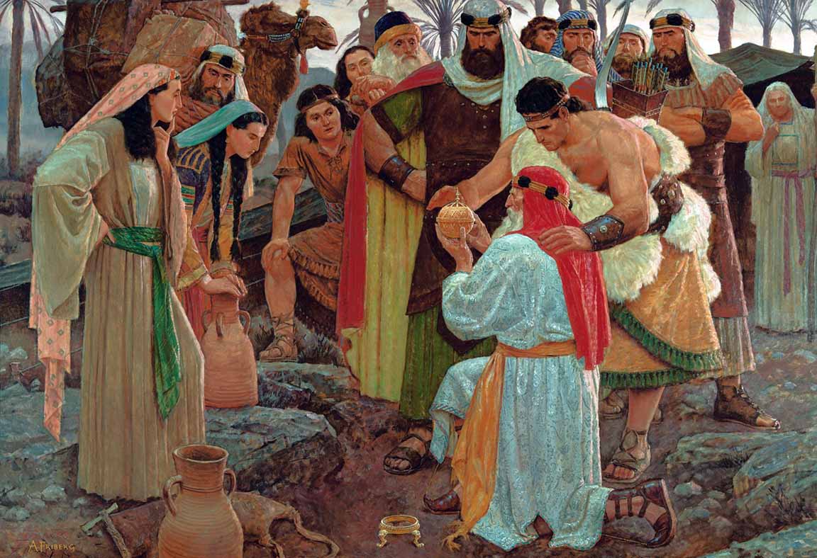 The wicked take the truth to be hard—Lehi’s sons marry the daughters of Ishmael—The Liahona guides their course in the wilderness—Messages from the Lord are written on the Liahona from time to time—Ishmael dies; his family murmurs because of afflictions. About 600–592 B.C.  1 And now it came to pass that after I, Nephi, had made an end of speaking to my brethren, behold they said unto me: Thou hast declared unto us hard things, more than we are able to bear.  2 And it came to pass that I said unto them that I knew that I had spoken hard things against the wicked, according to the truth; and the righteous have I justified, and testified that they should be lifted up at the last day; wherefore, the guilty taketh the truth to be hard, for it cutteth them to the very center.  3 And now my brethren, if ye were righteous and were willing to hearken to the truth, and give heed unto it, that ye might walk uprightly before God, then ye would not murmur because of the truth, and say: Thou speakest hard things against us.  4 And it came to pass that I, Nephi, did exhort my brethren, with all diligence, to keep the commandments of the Lord.  5 And it came to pass that they did humble themselves before the Lord; insomuch that I had joy and great hopes of them, that they would walk in the paths of righteousness.  6 Now, all these things were said and done as my father dwelt in a tent in the valley which he called Lemuel.  7 And it came to pass that I, Nephi, took one of the daughters of Ishmael to wife; and also, my brethren took of the daughters of Ishmael to wife; and also Zoram took the eldest daughter of Ishmael to wife.  8 And thus my father had fulfilled all the commandments of the Lord which had been given unto him. And also, I, Nephi, had been blessed of the Lord exceedingly.  9 And it came to pass that the voice of the Lord spake unto my father by night, and commanded him that on the morrow he should take his journey into the wilderness.  10 And it came to pass that as my father arose in the morning, and went forth to the tent door, to his great astonishment he beheld upon the ground a round ball of curious workmanship; and it was of fine brass. And within the ball were two spindles; and the one pointed the way whither we should go into the wilderness.  11 And it came to pass that we did gather together whatsoever things we should carry into the wilderness, and all the remainder of our provisions which the Lord had given unto us; and we did take seed of every kind that we might carry into the wilderness.  12 And it came to pass that we did take our tents and depart into the wilderness, across the river Laman.  13 And it came to pass that we traveled for the space of four days, nearly a south-southeast direction, and we did pitch our tents again; and we did call the name of the place Shazer.  14 And it came to pass that we did take our bows and our arrows, and go forth into the wilderness to slay food for our families; and after we had slain food for our families we did return again to our families in the wilderness, to the place of Shazer. And we did go forth again in the wilderness, following the same direction, keeping in the most fertile parts of the wilderness, which were in the borders near the Red Sea.  15 And it came to pass that we did travel for the space of many days, slaying food by the way, with our bows and our arrows and our stones and our slings.  16 And we did follow the directions of the ball, which led us in the more fertile parts of the wilderness.  17 And after we had traveled for the space of many days, we did pitch our tents for the space of a time, that we might again rest ourselves and obtain food for our families.  18 And it came to pass that as I, Nephi, went forth to slay food, behold, I did break my bow, which was made of fine steel; and after I did break my bow, behold, my brethren were angry with me because of the loss of my bow, for we did obtain no food.  19 And it came to pass that we did return without food to our families, and being much fatigued, because of their journeying, they did suffer much for the want of food.  20 And it came to pass that Laman and Lemuel and the sons of Ishmael did begin to murmur exceedingly, because of their sufferings and afflictions in the wilderness; and also my father began to murmur against the Lord his God; yea, and they were all exceedingly sorrowful, even that they did murmur against the Lord.  21 Now it came to pass that I, Nephi, having been afflicted with my brethren because of the loss of my bow, and their bows having lost their springs, it began to be exceedingly difficult, yea, insomuch that we could obtain no food.  22 And it came to pass that I, Nephi, did speak much unto my brethren, because they had hardened their hearts again, even unto complaining against the Lord their God.  23 And it came to pass that I, Nephi, did make out of wood a bow, and out of a straight stick, an arrow; wherefore, I did arm myself with a bow and an arrow, with a sling and with stones. And I said unto my father: Whither shall I go to obtain food?  24 And it came to pass that he did inquire of the Lord, for they had humbled themselves because of my words; for I did say many things unto them in the energy of my soul.  25 And it came to pass that the voice of the Lord came unto my father; and he was truly chastened because of his murmuring against the Lord, insomuch that he was brought down into the depths of sorrow.  26 And it came to pass that the voice of the Lord said unto him: Look upon the ball, and behold the things which are written.  27 And it came to pass that when my father beheld the things which were written upon the ball, he did fear and tremble exceedingly, and also my brethren and the sons of Ishmael and our wives.  28 And it came to pass that I, Nephi, beheld the pointers which were in the ball, that they did work according to the faith and diligence and heed which we did give unto them.  29 And there was also written upon them a new writing, which was plain to be read, which did give us understanding concerning the ways of the Lord; and it was written and changed from time to time, according to the faith and diligence which we gave unto it. And thus we see that by small means the Lord can bring about great things.  30 And it came to pass that I, Nephi, did go forth up into the top of the mountain, according to the directions which were given upon the ball.  31 And it came to pass that I did slay wild beasts, insomuch that I did obtain food for our families.  32 And it came to pass that I did return to our tents, bearing the beasts which I had slain; and now when they beheld that I had obtained food, how great was their joy! And it came to pass that they did humble themselves before the Lord, and did give thanks unto him.  33 And it came to pass that we did again take our journey, traveling nearly the same course as in the beginning; and after we had traveled for the space of many days we did pitch our tents again, that we might tarry for the space of a time.  34 And it came to pass that Ishmael died, and was buried in the place which was called Nahom.  35 And it came to pass that the daughters of Ishmael did mourn exceedingly, because of the loss of their father, and because of their afflictions in the wilderness; and they did murmur against my father, because he had brought them out of the land of Jerusalem, saying: Our father is dead; yea, and we have wandered much in the wilderness, and we have suffered much affliction, hunger, thirst, and fatigue; and after all these sufferings we must perish in the wilderness with hunger.  36 And thus they did murmur against my father, and also against me; and they were desirous to return again to Jerusalem.  37 And Laman said unto Lemuel and also unto the sons of Ishmael: Behold, let us slay our father, and also our brother Nephi, who has taken it upon him to be our ruler and our teacher, who are his elder brethren.  38 Now, he says that the Lord has talked with him, and also that angels have ministered unto him. But behold, we know that he lies unto us; and he tells us these things, and he worketh many things by his cunning arts, that he may deceive our eyes, thinking, perhaps, that he may lead us away into some strange wilderness; and after he has led us away, he has thought to make himself a king and a ruler over us, that he may do with us according to his will and pleasure. And after this manner did my brother Laman stir up their hearts to anger.  39 And it came to pass that the Lord was with us, yea, even the voice of the Lord came and did speak many words unto them, and did chasten them exceedingly; and after they were chastened by the voice of the Lord they did turn away their anger, and did repent of their sins, insomuch that the Lord did bless us again with food, that we did not perish.