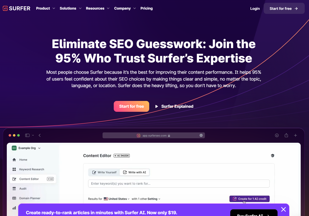 SurferSEO: Eliminate SEO Guesswork: Join the 95% who trust surfer's expertise