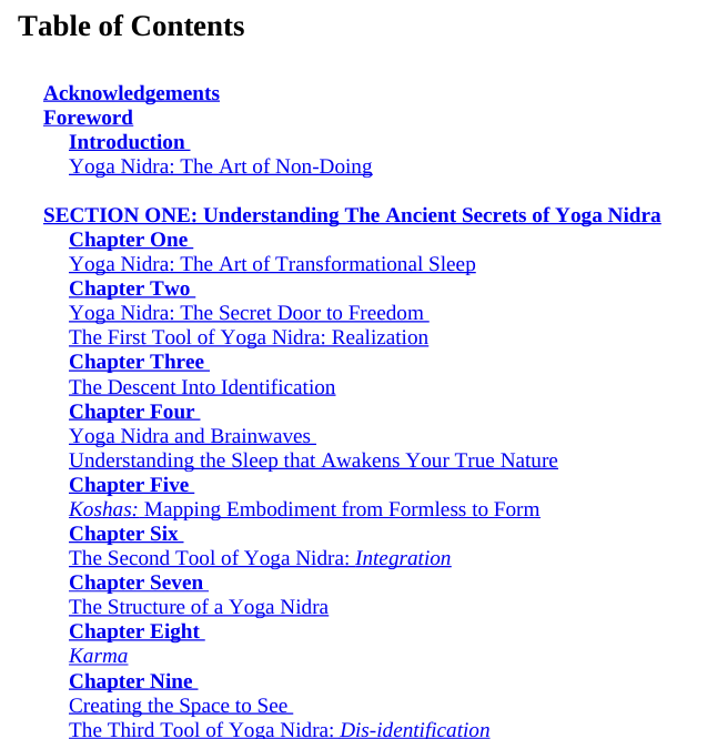 Table of Contents from Kamini Desai Book 