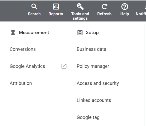 A screenshot of the different types of conversions in Google Ads.