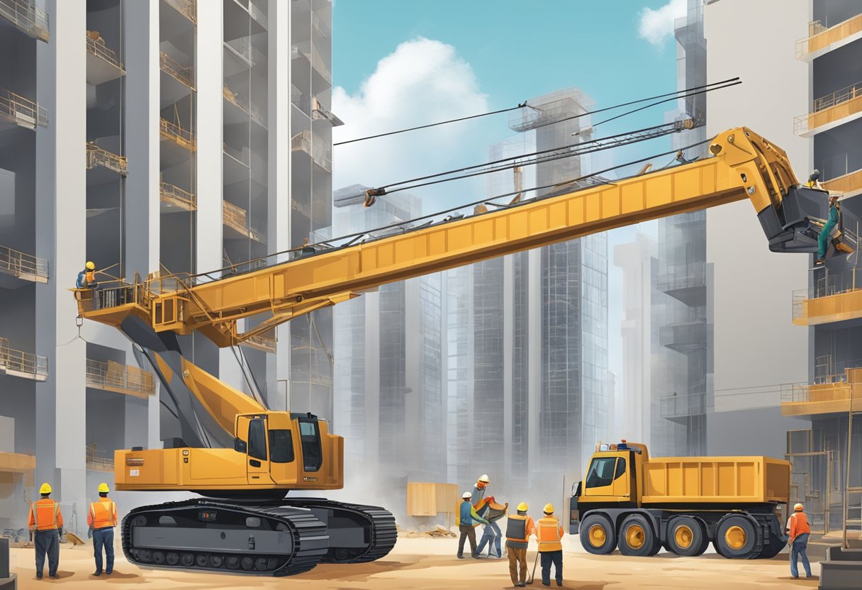 A construction worker uses a crane to lift heavy materials onto a high-rise building. Other workers are seen maneuvering equipment and materials around the busy construction site