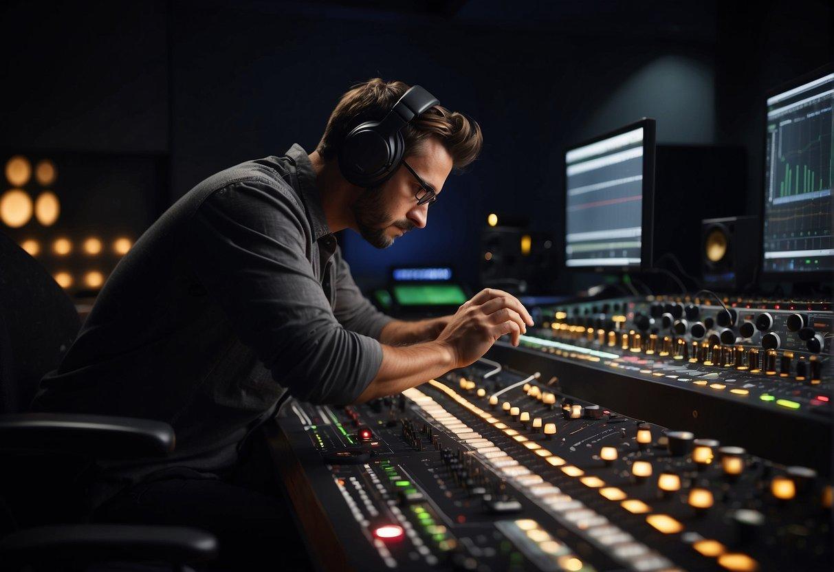 A sound engineer adjusts levels on a mixing board while a separate mastering engineer fine-tunes a final audio track