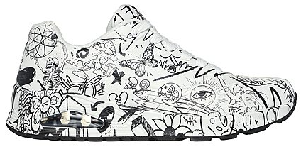 A white shoe with drawings on it

Description automatically generated