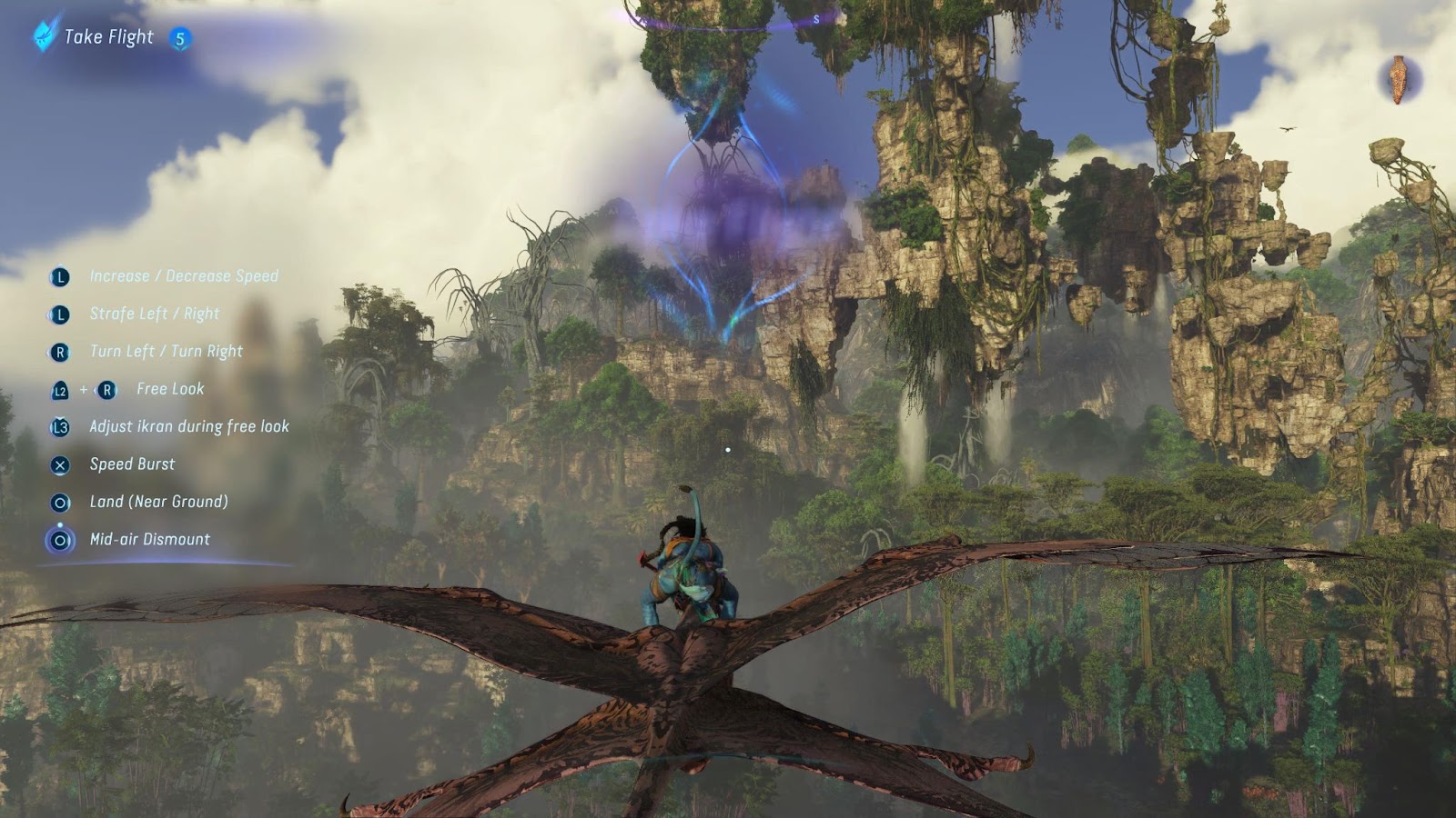 An in game screenshot of the character flying their ikran in Avatar: Frontiers of Pandora