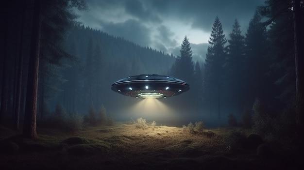 Photo ufo flying in the dark forest at nightgenerative ai