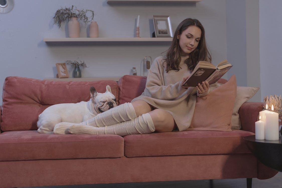 Free Woman Sitting on Couch while Reading a Book Stock Photo