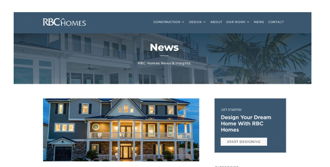 RBC Homes luxury real estate marketing website homepage showing a blue-themed interface with a prominent photo of a classic two-story home, accompanied by menu options and news section