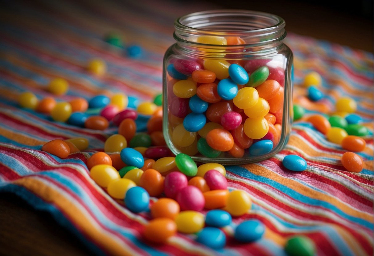 A colorful assortment of candy spills out of a vibrant, striped candy jar onto a bright, patterned tablecloth