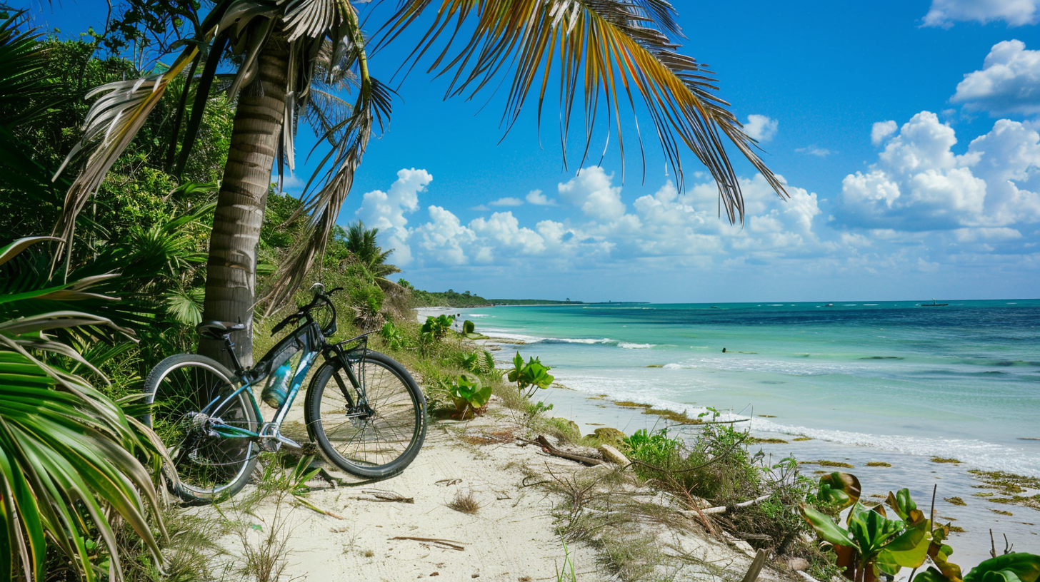 A bike leaning against a palm tree on a secluded beach in Tulum