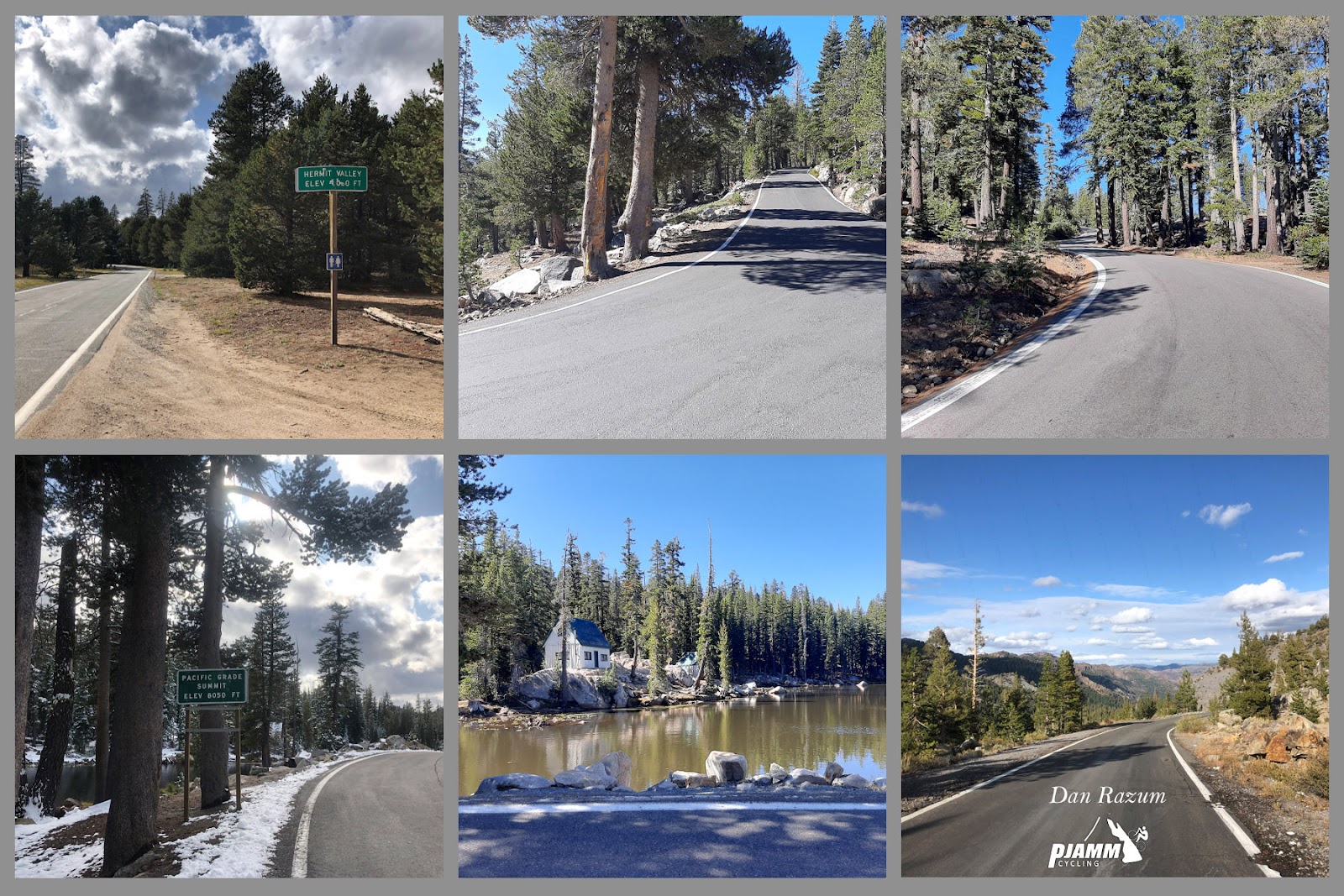Photo collage of views along the Pacific Grade climb, alpine setting, newly paved roadway, alpine lake