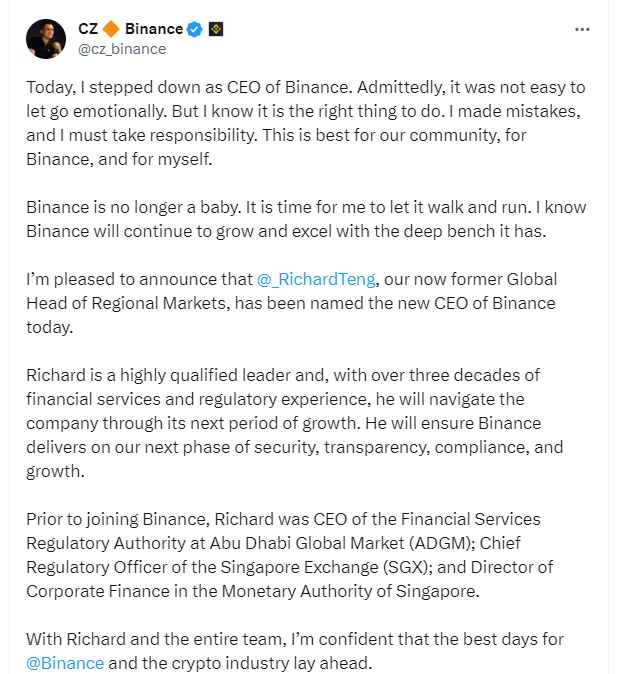 Binance創始人趙長鵬：辭去CEO職務，將由市場主管Richard Teng接任