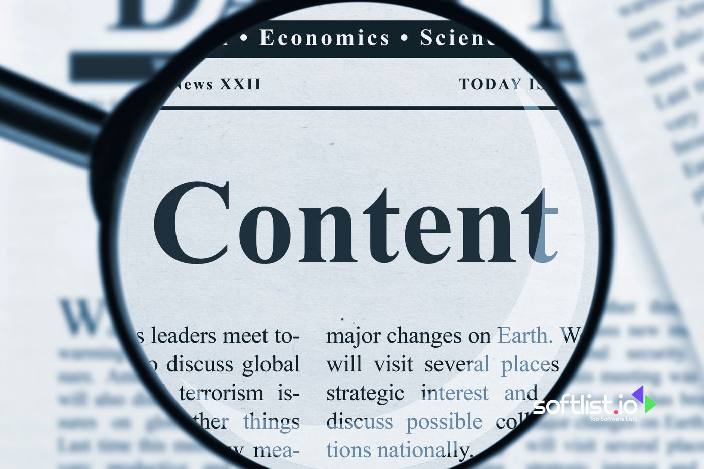 Newspaper with magnifying glass highlighting "Content"