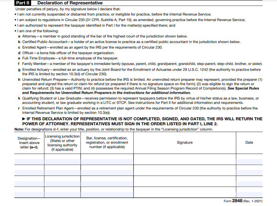 IRS Form 2848: Part 2