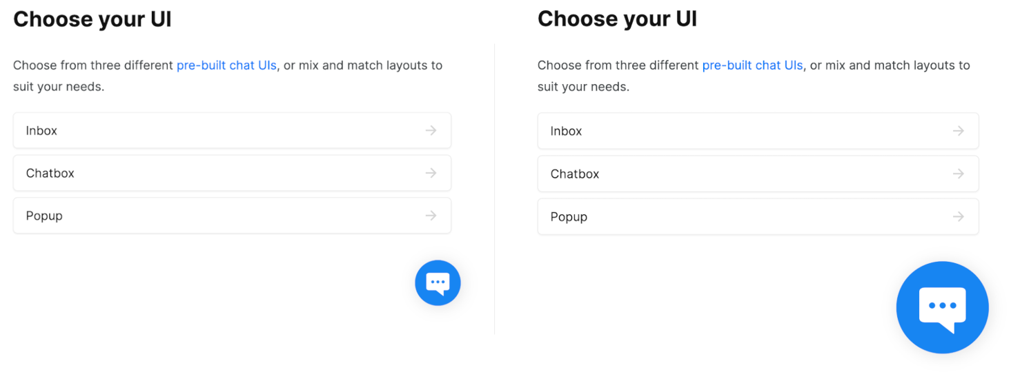 Two situations are shown side-by-side. On the left, a section of the TalkJS documentation with in the bottom right a regular-sized popup button. On the right, a popup button twice the size of the regular button.