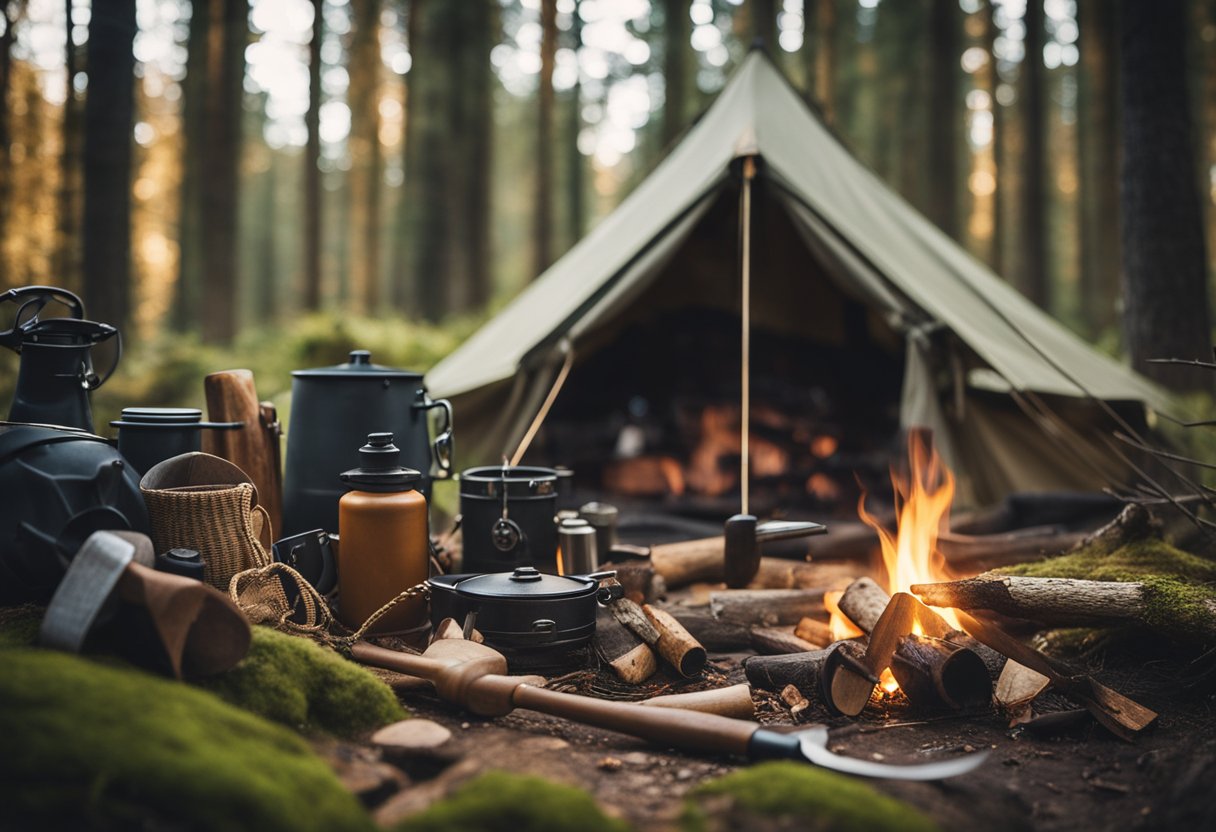 A modern bushcraft scene with a sturdy tent, a crackling campfire, and various tools and gear scattered around