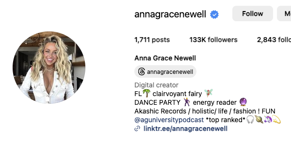 Affiliate marketer Anna Grace Newell's Instagram profile. 