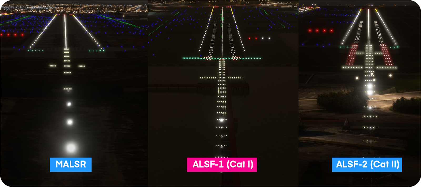 Three types of approach lights: MALSR, ALSF-1, and ALSF-2.