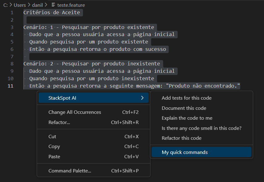 Imagem do artigo sobre teste de aceitação com imagem de um arquivo de feature no Visual Studio Code (VSCode), com os passos necessários para utilizar o Quick Command customizado.