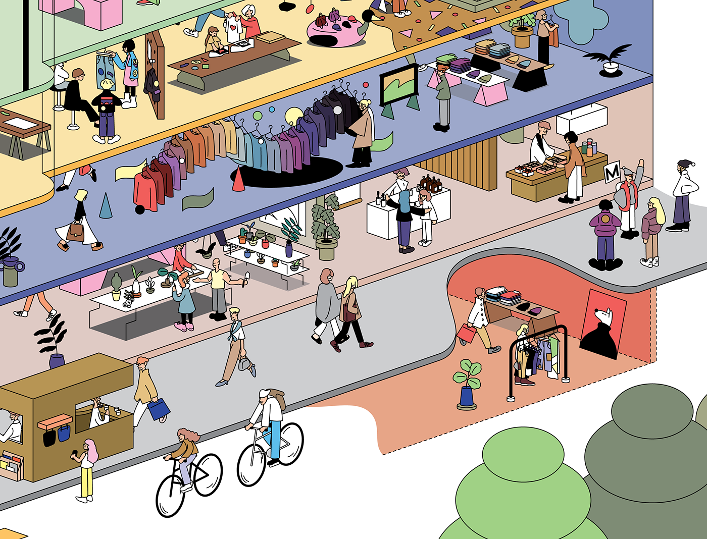 Character design  department store interior design  Retail shop Shopping store Switzerland Zurich isometric illustration