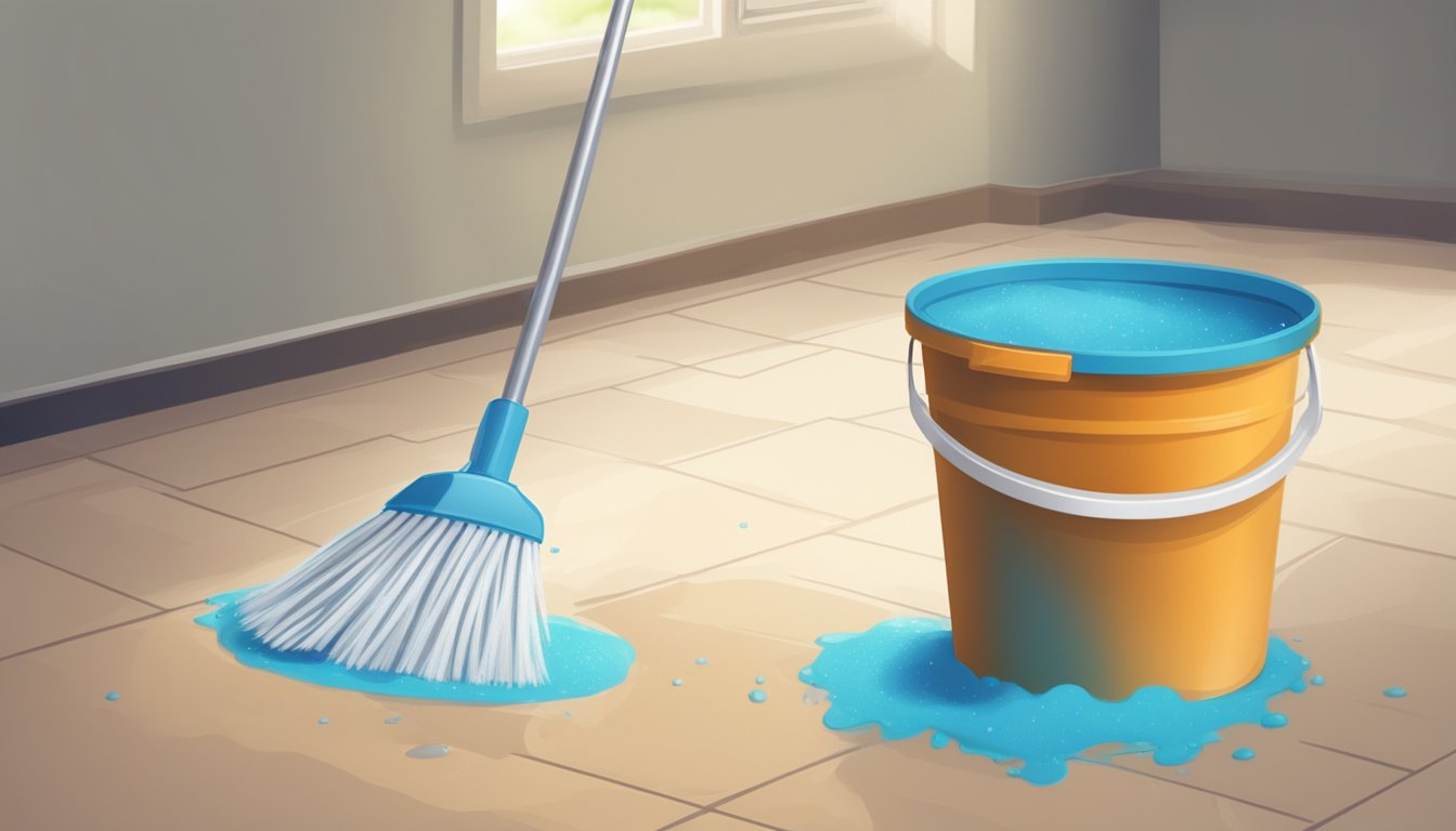 A bucket with soapy water, a mop, and a soft-bristle brush on a vinyl floor with dirt and grime