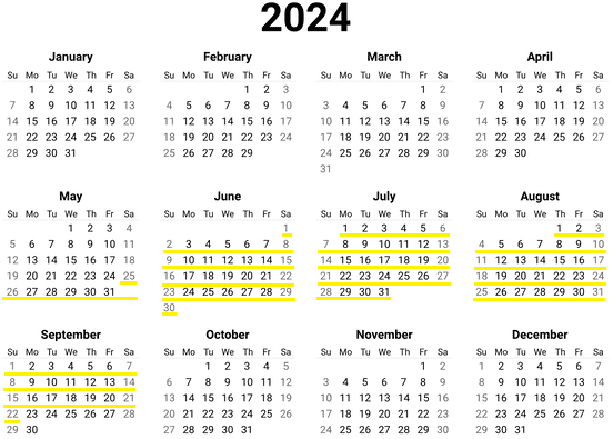 A calendar with numbers and a few days of the year

Description automatically generated