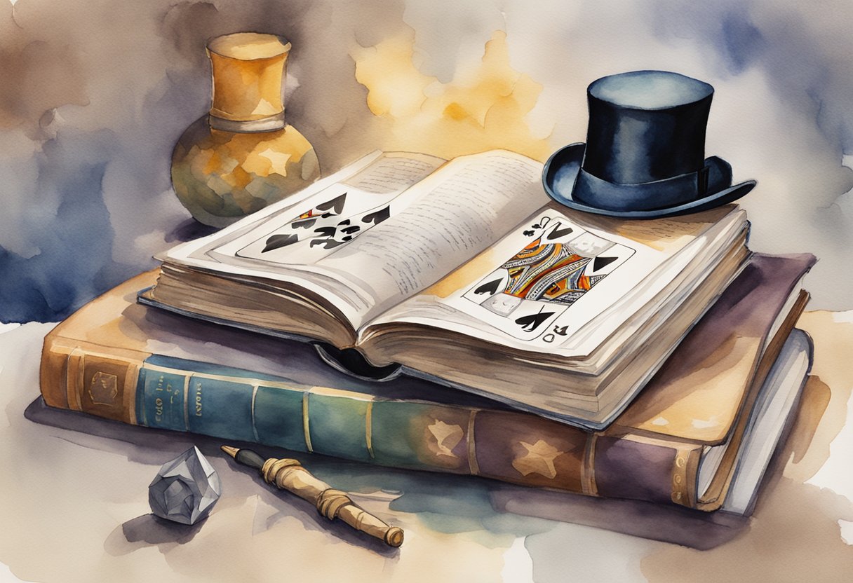 A table with a deck of cards, a top hat, and a wand. A book titled "The Art of Mentalism Beginner's Guide to Magic Tricks as a Hobby" is open with pages flipped