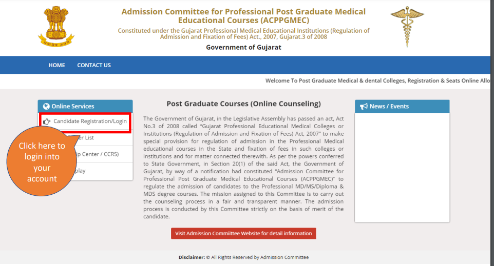 Step 1 of choice filling of gujarat neet counseling for narendra modi medical college  admission