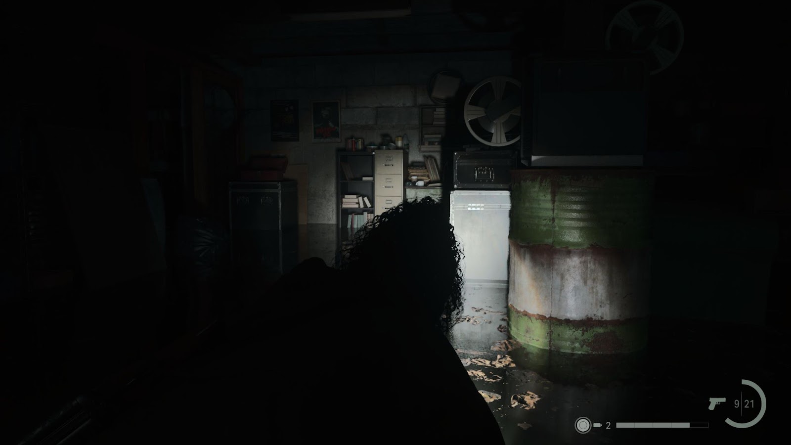 An in game screenshot of interior of the Valhalla Nursing Home basement in Alan Wake 2. 