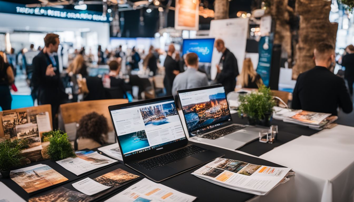 A table at a trade show with brochures, a laptop, and city maps surrounded by people.