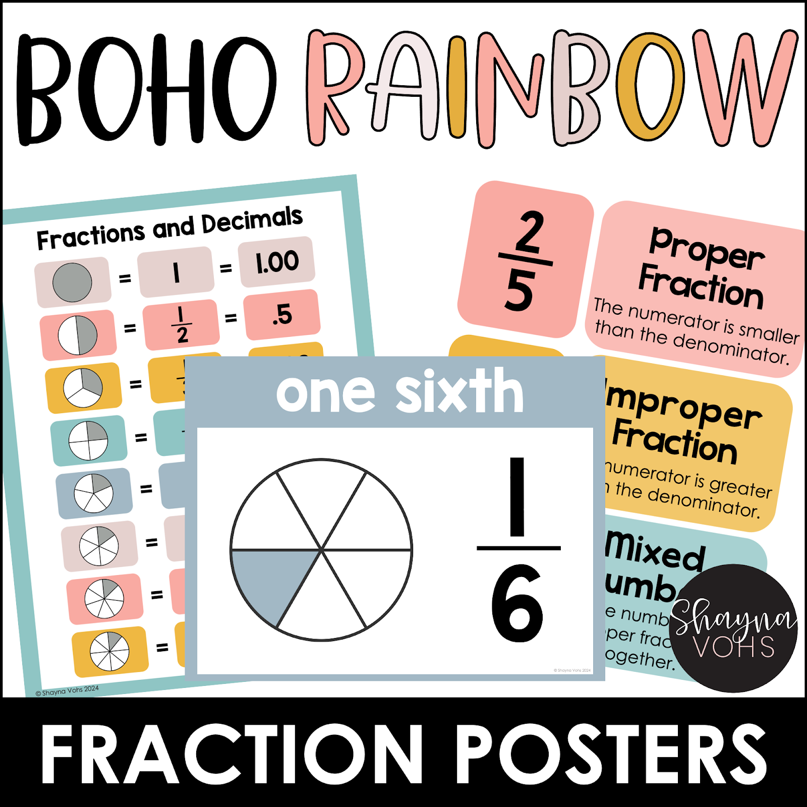 This image shows fraction posters in a Boho Rainbow color scheme. 