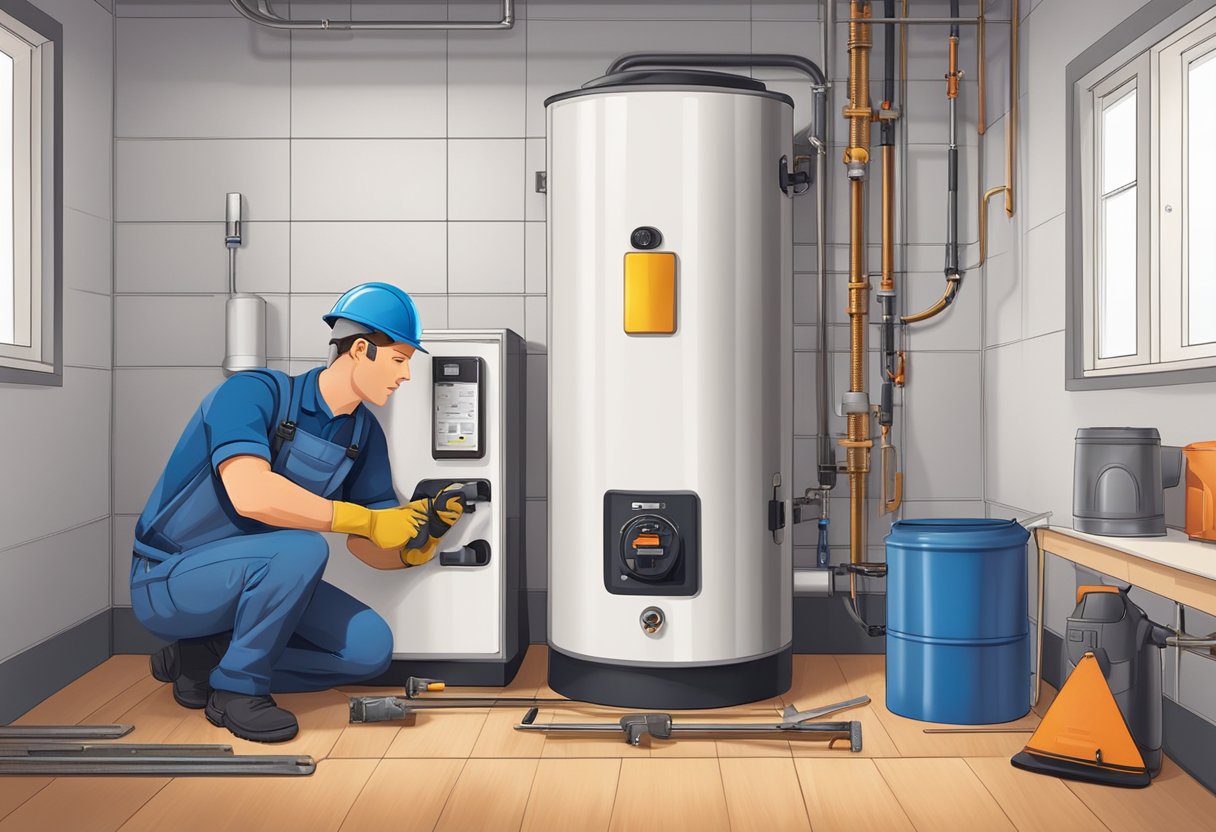 An experienced professional installing a boiler with tools and safety gear nearby