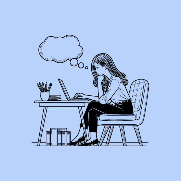 Sketch of a girl thinking about how to write an article online