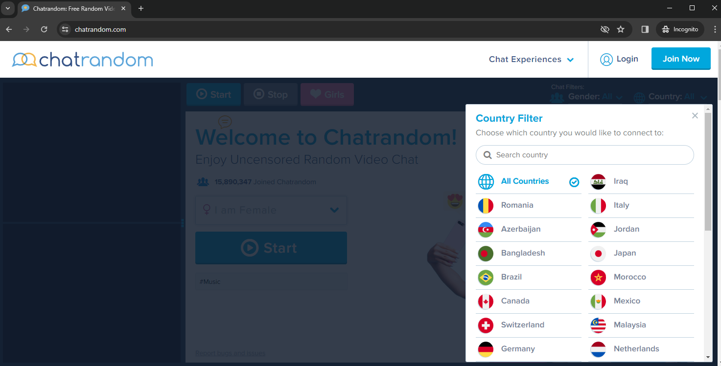 Screenshot of the Chatrandom platform featuring the countries menu.