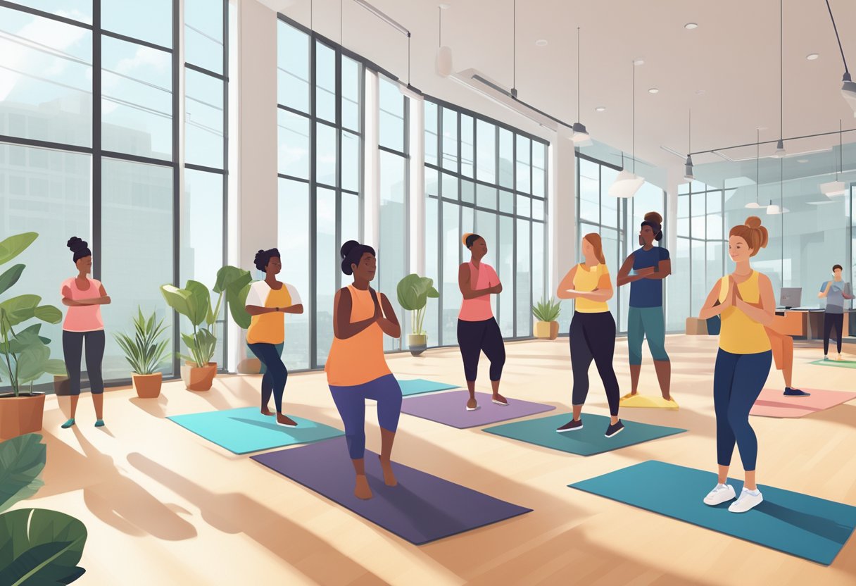 Employees engaging in group fitness activities, yoga, and mindfulness exercises in a modern office space with natural lighting and ergonomic workstations