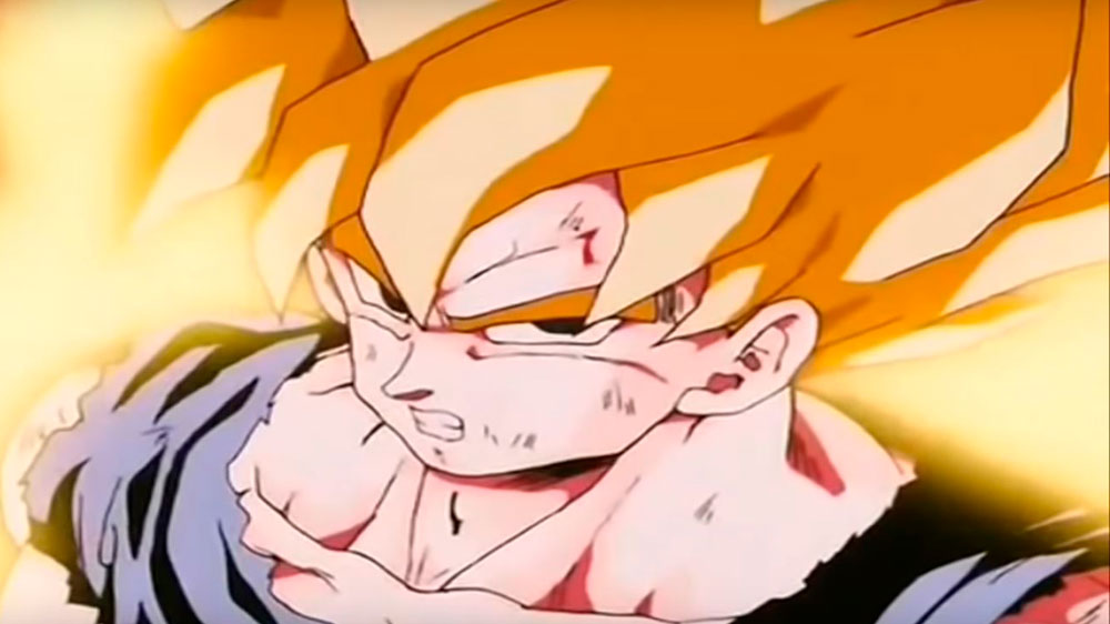 En Dragon Ball Z, Gokú finalmente se transforma en el legendario super saiyajin