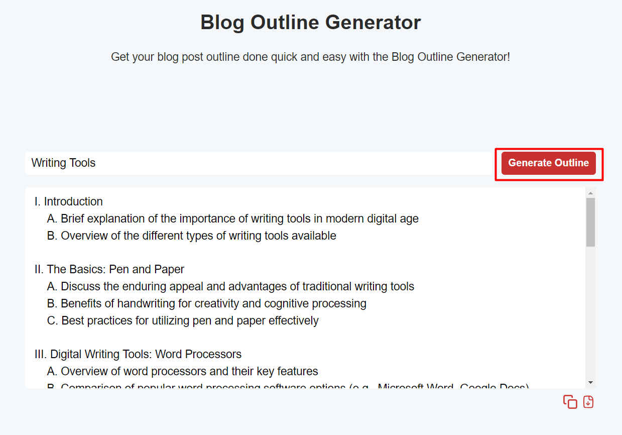 Blog outline generator output
