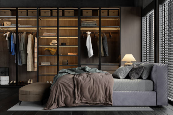 Grey bedroom with storage and drawers