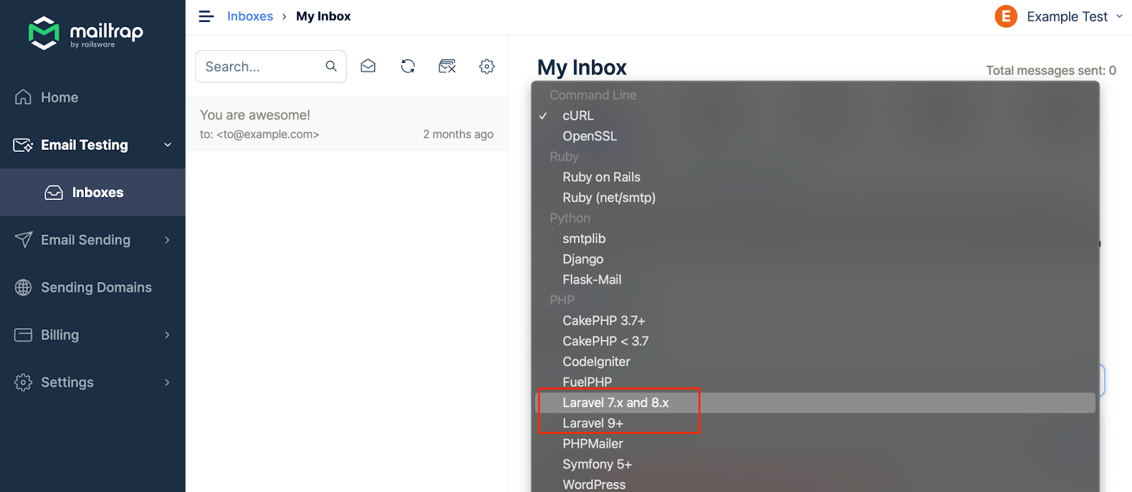 Mailtrap email testing Integration selection