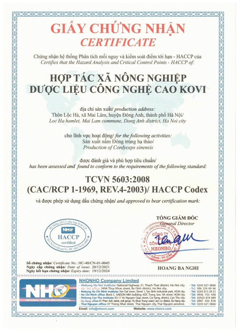 chứng chỉ HACCP của KOVI