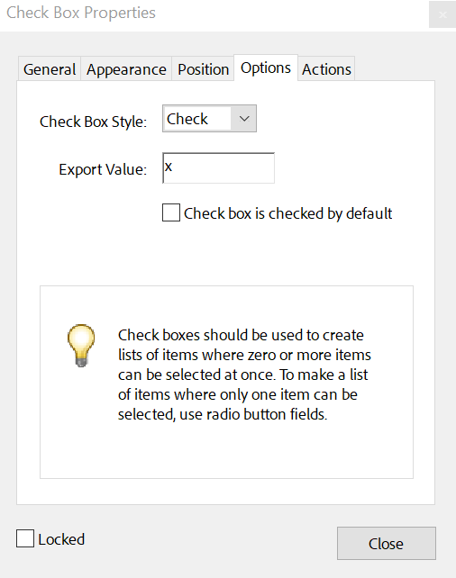 Check Box Properties - Options