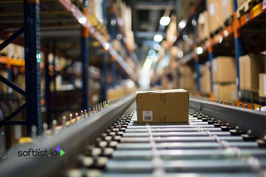 Single box moving along a conveyor belt in a large warehouse