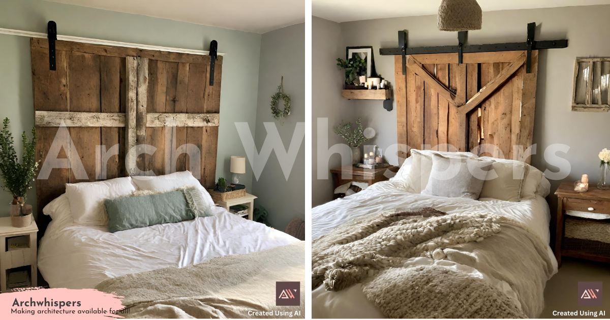 A Bed With a Recycled Wooden Barn Door for the Headboard