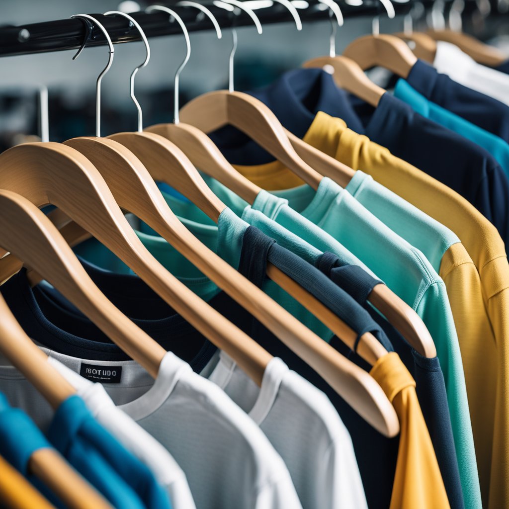 A variety of drop shoulder t-shirts displayed on a clothing rack, showing different colors, patterns, and fabric textures