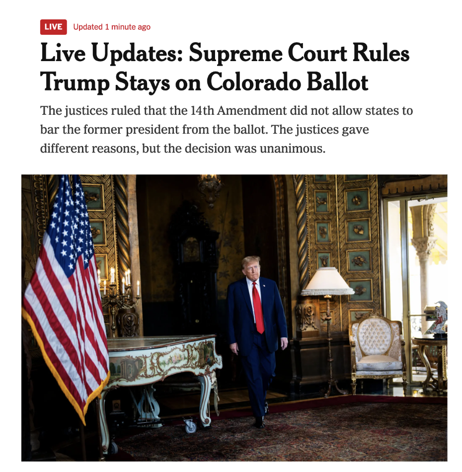 Live Updates: Supreme Court Rules Trump Stays on Colorado Ballot