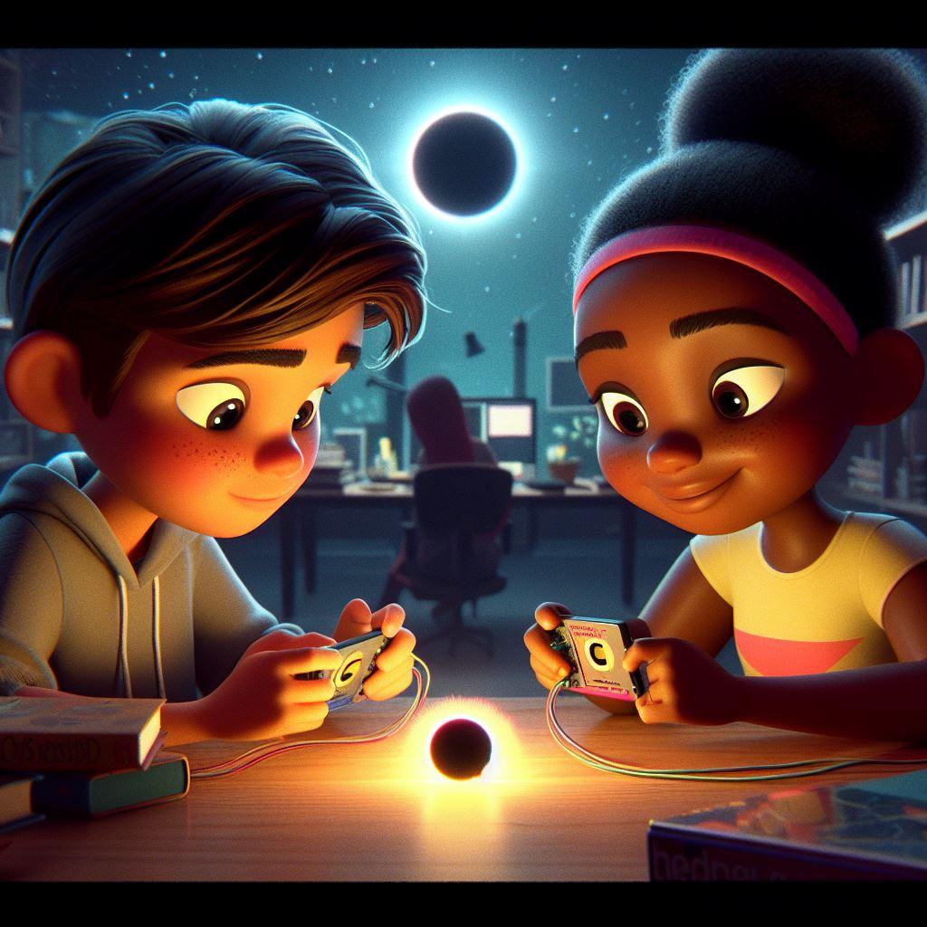 Une image dans un style de film pixar, où deux élèves (un garçon et une fille noir) code une carte micro-bit pour étudier les éclipses solaires