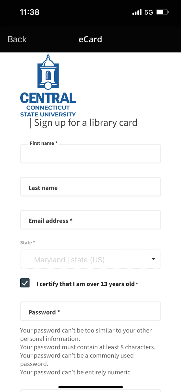 An image of the library card sign up screen in the Palace app.  CSCU users must use their college or university email when signing up for a virtual library card.